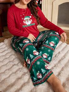 Conjunto de pijama de talla grande con estampado navideño de Papá Noel, cuello redondo y manga larga, top y pantalones, ropa de otoño e invierno