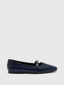 CUCCOO BIZCHIC Giày bệt mũi vuông màu xanh navy có khóa kim loại cho nữ, giày Mary Jane thoải mái, thường ngày, dùng để đi dự tiệc - Màu xanh lam - Xem 5