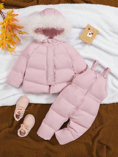 2pcs Baby Girl Cute Warm Thermal-Lined Hooded Padded Coat And Bib Pants Set, Autumn/Winter Toddler Winter Outfit Baby Girl Winter Set 2 Piece Winter Clothing Toddler 2 Piece Fur Clothing Autumn And Winter Suit Fall