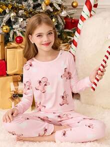 SHEIN Tween Girls Casual Homewear Crew Neck Long Sleeve Pajama Set - Pink - View 3