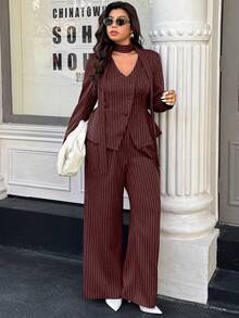 Easura Bộ đồ vest thường ngày cho nữ cỡ lớn, áo khoác kẻ sọc dài tay một hàng khuy và quần ống rộng - Màu Đỏ Sâu - Xem 5