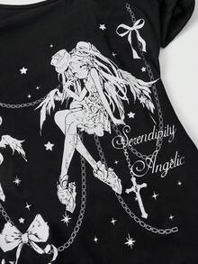 ROMWE Camiseta de mujer de estilo oscuro de anime con hombro asimétrico, manga corta y elástica con pliegues - Negro - Ver 3