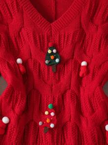 Franclia Women's Red Autumn Christmas Sweater,Loose Casual V-Neck Long Sleeve Pullover With Graphic 3D Twist Pattern,Tree Santa Hat & Elk Everyday Knit Tops - Red - View 7