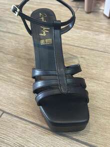 Sandalias de mujer con múltiples tiras, punta cuadrada, correa ajustable, tacón grueso, estilo sencillo para fiesta y uso diario en verano - Negro - Ver 4