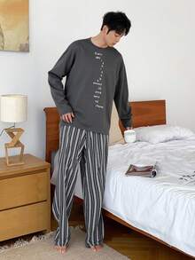 DAZY 男士纯色字母印花上衣搭配松紧腰条纹裤睡衣套装，秋季、秋冬季服装 - 彩色 - 查看 3