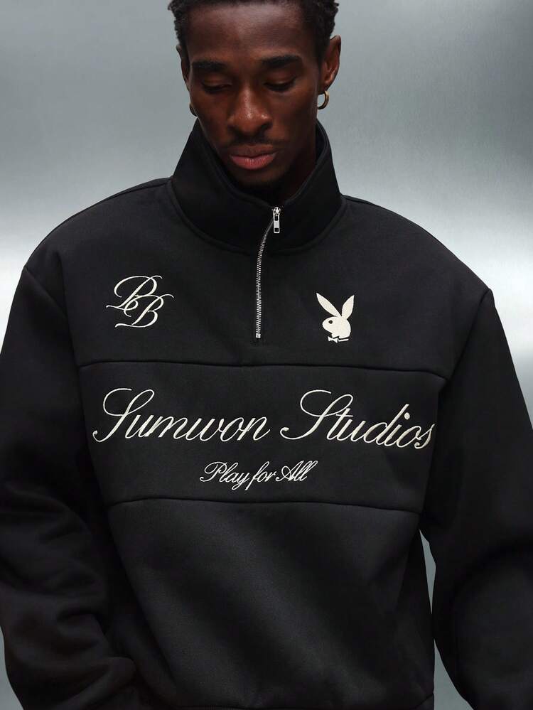 PLAYBOY X SUMWON Half Zip Sweatshirt With Script Embroidery