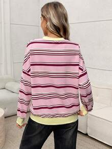 Easowa Women's Casual Crew Neck Colorblock Striped Pullover Sweatshirt, Relaxed Elegant Commuter Style, Autumn/Winter