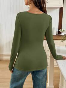 SHEIN Maternity Solid Color Asymmetric Neck Long Sleeve Ruched Fitted T-Shirt - Army Green - View 2
