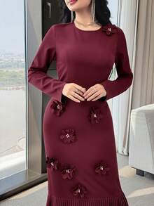 Modelyn Women's Round Neck Long Sleeve Floral Decor Pleated Hem Elegant Dress - Burgundy - View 4