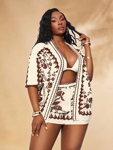 SHEIN SXY Plus Size Women's Spring&Summer Elegant Sexy Holiday Floral Printed Beach Set With Short Sleeve Shirt And Elastic Waist Shorts 2PCS-SET,Suitable For Everyday Wear,Two Pieces Set Women 2 Pieces Vacation Set,Boho,Bohemian,Outing,Resort,Beach Vacation,Holiday,Seaside,Western Wear,Music Festival,Concert,Carnival Party,Richly Layered,Date Night,Ibiza,Nashville,Break,Modest,Chic,Club,Cute,Casul,Shopping, Streetwear,Going Out,Coquette,Easy To Match&Looks Slim,Accent Your Body,Flatter The Figure - Multicolor - View 7