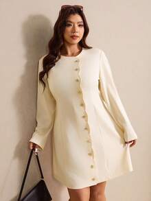 Elaquor Plus Size Solid Color Metal Buckle Decor Round Neck Long Sleeve Dress