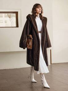 Ontre 2026春夏新款女士仿皮草外套，深咖啡色/棕色，带帽，长袖，仿皮草大衣，适合情人节、节日派对等场合，简约优雅，都市时尚百搭女士仿皮草外套 - 深灰色 - 查看 9