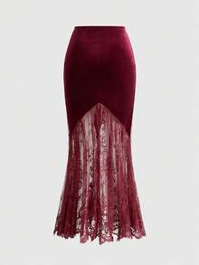 ROMWE EDITION 女士复古宫廷浪漫哥特式天鹅绒撞色蕾丝半身裙 - 酒紅色 - 查看 11