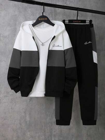 SHEIN 2pcs/Set Tween Boys Contrast Color Casual Loose Hooded Sweatshirt Sweatshirt + Contrast Color Casual Sweatpants, Fleece, Thickened