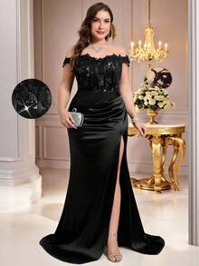 Coutiva Vestido de noche de satén con abertura alta, diseño de aplicaciones accionadas a mano, cuello de un solo hombro y bajo con corte, adecuado para invitados de boda, ceremonia de graduación y fiesta de baile, talla grande y elegante