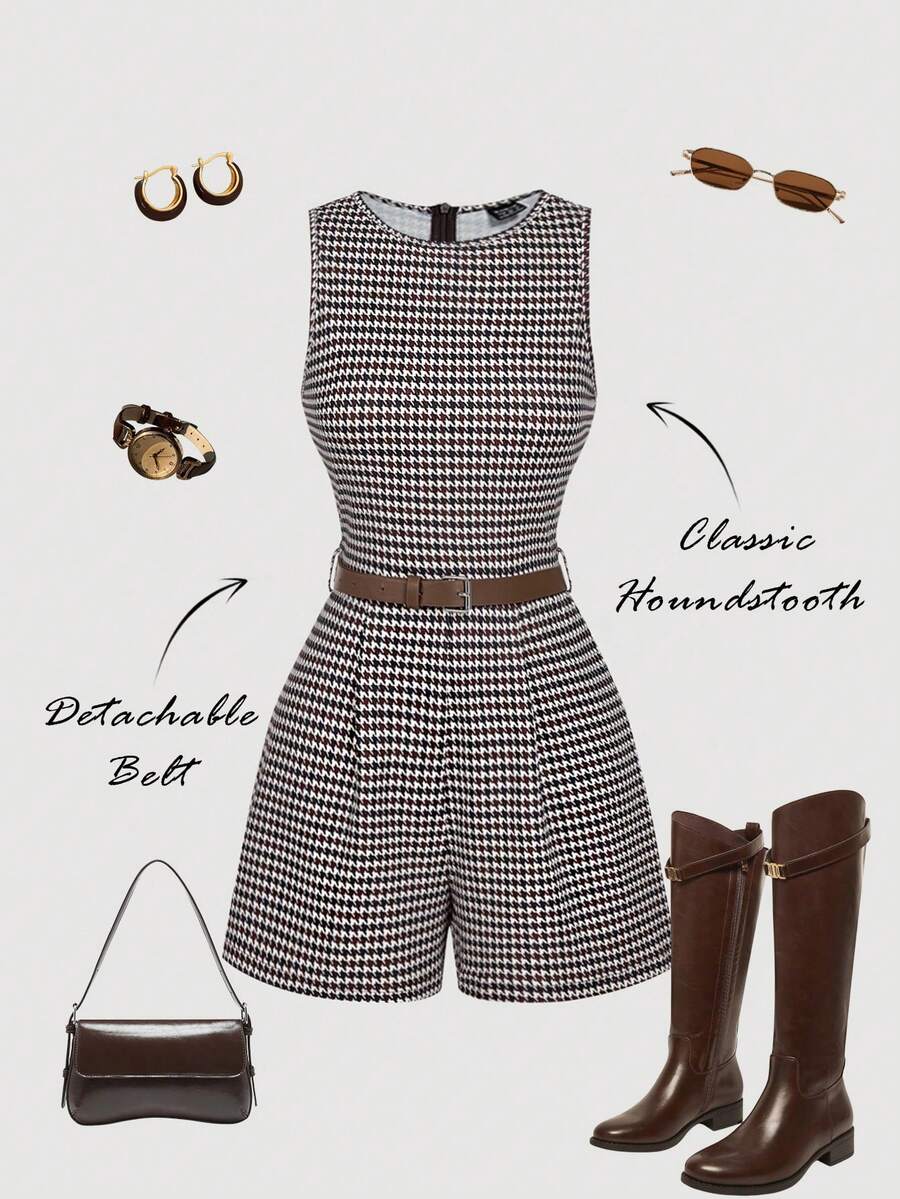 SHEIN MOD Brown Houndstooth Pattern Waist Belt Cropped Jumpsuit,Fall, Clothes For New Year,Frenchy,Terrace Chill,Glamour,Chic Autumn,Fall New Style Women,Office,Old Money,Classic, Plaid Jumpsuit - Multicolor - View 1