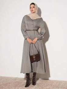 Modelyn Vestido midi elegante para mulher com gola de camisa e riscas cinzentas, manga comprida, estilo commuter para escritório, outono/inverno - Caqui - Ver 3
