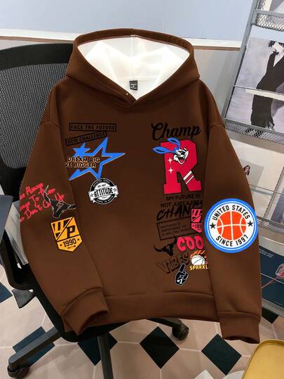 Manfinity Joysei 男士休闲字母印花连帽卫衣，秋冬季长袖上衣