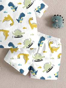 Baby Boy Casual Minimalist Cute Blue & Green Dinosaur Print Snug Fit Round Neck Comfortable Short Sleeve Shorts Pajamas, Suitable For Spring & Summer - Multicolor - View 5