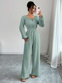 Rafferiza 女士优雅通勤木珠装饰圆领扭腰长袖阔腿连体裤 - 薄荷綠 - 查看 5