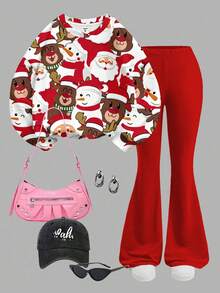 SHEIN Leap Crew 2pcs Cute Cartoon Reindeer & Santa Claus Tween Girls Knit Crew Neck Loose Sweatshirt And Flare Pants Casual Outfit Set, Suitable For Autumn Daily Wear, Street Style, And Home - Multicolor - View 2