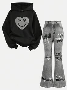 SHEIN Girlism 2pcs/Set Teen Girls Casual Street Style Heart & Face Graffiti Print Loose Fit Hoodie Sweatshirt And Flare Pants, Suitable For Autumn/Winter, Suitable For Home, Outings, Street Photography