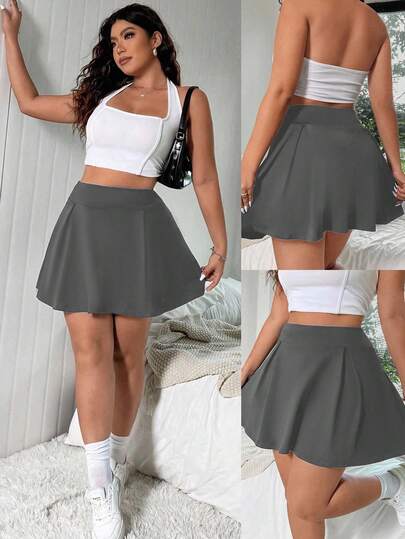 Flirla Plus Size Women Solid Color High Waist Casual Pleated Skirt