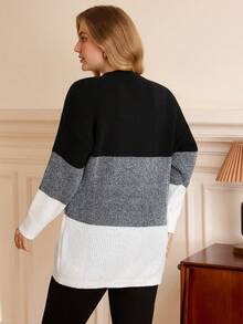 Rosumi Plus Size Women Contrast Color V-Neck Dropped Shoulders Long Sleeve Casual Sweater, Autumn/Winter Fall - Multicolor - View 2