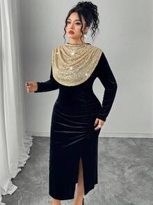 Modelyn Elegantes Partykleid für Damen in Große Größen mit Rüschenkragen, Samt- und Pailletten-Patchwork - Schwarz - Übersicht 3