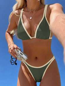Swim Mod Conjunto de bikini sexy para mujer con bloques de color para playa de verano - Verde militar - Ver 3