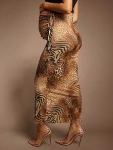 SHEIN MaterniChic Váy đuôi cá họa tiết động vật thời trang mùa thu đông dành cho bà bầu đi làm Váy dài Maxi cong họa tiết động vật Váy dài màu nâu Váy dài Maxi cho nữ Váy ngựa vằn - màu nâu - Xem 2