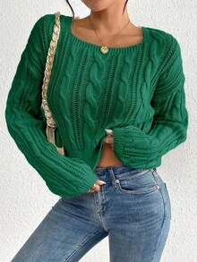SHEIN LUNE 秋季休闲纯色方领短款毛衣 - 墨綠色 - 查看 7