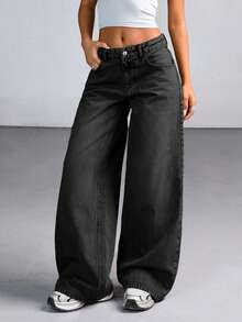 CasuGlow Jeans de pierna ancha con lavado pesado y talle bajo para mujer - Gris Oscuro - Ver 3