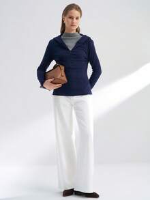 INAWLY Women's Casual Solid Color Slim Fit Half-Zip Hooded T-Shirt, Autumn - Navy Blue - View 3