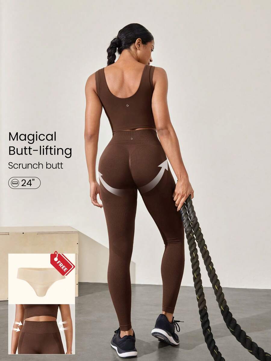 GLOWMODE Quần legging tập gym cạp cao hở lưng liền mạch 24" tác động trung bình - màu nâu - Xem 1