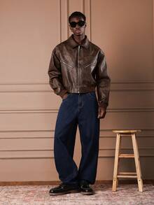 SUMWON 阔腿宽松牛仔裤，白色Logo印花，休闲街头风长裤，印花宽松牛仔裤，蓝色宽松牛仔裤，男士S码纯色超大牛仔裤 - 藍色 - 查看 4