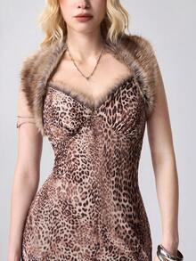 ROMWE Grunge Punk Y2K Sexy Leopard Print Mesh Mermaid Maxi Dress (Includes Furry Shrug)