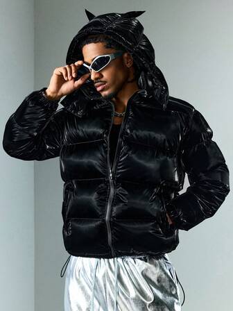 Street Life معطف شتوي بسحاب وأذن ثلاثية الأبعاد، هودي أزرق داكن بأكمام طويلة