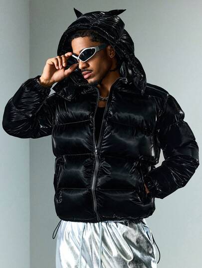 Street Life Sweat-shirt zippé à manches longues de couleur unie avec design d'oreilles 3D, veste d'hiver pour hommes