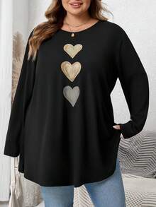 SHEIN CURVE+ Áo thun tay dài cổ tròn in hình trái tim cỡ lớn dành cho nữ - màu đen - Xem 4