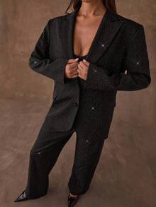 SHEIN BAE Women's Glitter Rhinestone Embellished Long Sleeve Elegant Party Blazer - Black - View 3