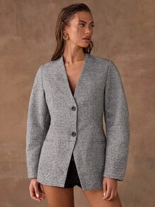 SHEIN BAE Blazer Minimalista de Manga Longa Casual com Estampa Xadrez e Sem Colarinho - Cinza - Visão 1