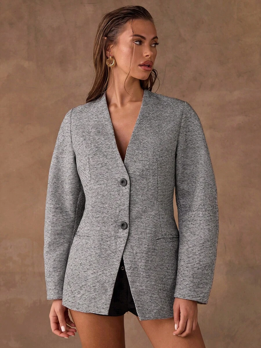 SHEIN BAE Blazer Minimalista de Manga Longa Casual com Estampa Xadrez e Sem Colarinho - Cinza - Visão 1