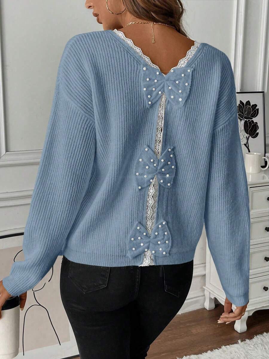 SHEIN LUNE Women's Loose Fit Pullover Sweater With Bowknot Decor And Contrast Lace, Long Sleeve, Suitable For Autumn/Winter - Blue - View 1