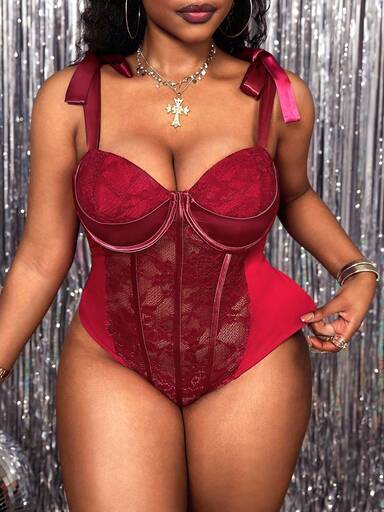 Truni Lacenleopard Plus Size Women Lace Bodycon Bodysuit, Bow Detail, For Pear Triangle Body Shape