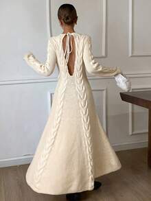 Livesso 女式秋季收腰圆领修身露背系带毛衣裙 - 杏色 - 查看 2