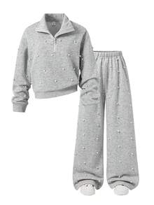 SHEIN Explorewe 青少年女孩 2 件套，灰色，秋季，休閒，校園，返校時尚 拉鍊立領短版運動衫 & 寬腿運動長褲，毛絨內裡套裝 - 灰色 - 查看 7