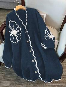 GlowEve CURVE 大码女款铁锈色花卉针织开衫，厚实，V领，色块，百搭，秋冬 - 藏蓝色 - 查看 1