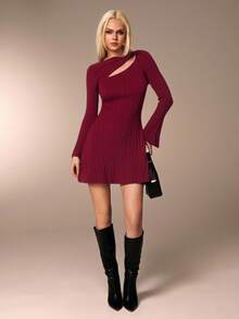 Avantive Women's Elegant Commuter Solid Color Hollow Out Flare Sleeve Knit Dress