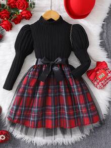 Elladie kids 女童可爱休闲泡泡袖翻领连衣裙，格子网裙，配腰带，适合日常穿着 - 黑色 - 查看 3